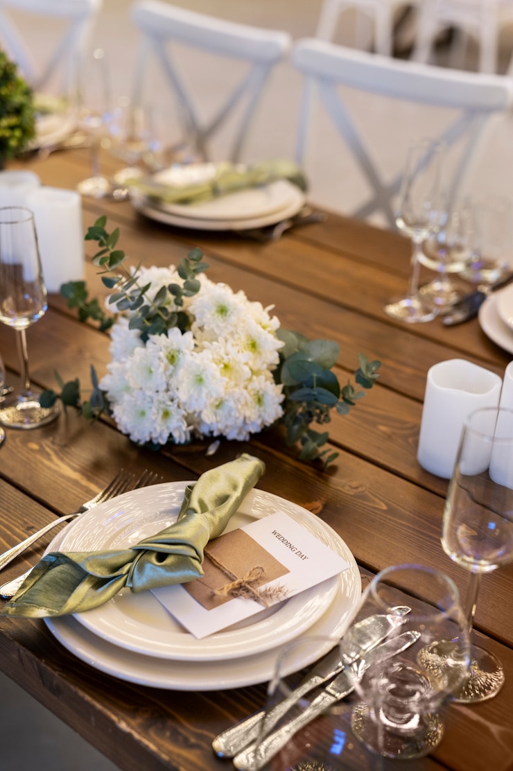 Foto gratuito vista de la disposición de la mesa por el planificador de bodas