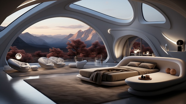 Foto gratuita vista del dormitorio con decoración y estilo futurista