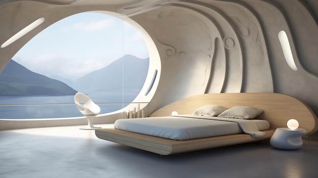 Foto gratuita vista del dormitorio con decoración y estilo futurista