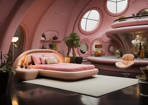 Foto gratuita vista del dormitorio con decoración y estilo futurista