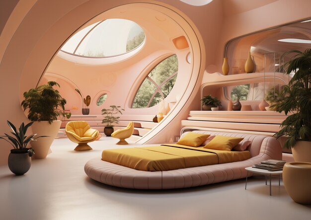 Vista del dormitorio con decoración y estilo futurista