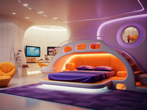 Vista de un dormitorio futurista con muebles