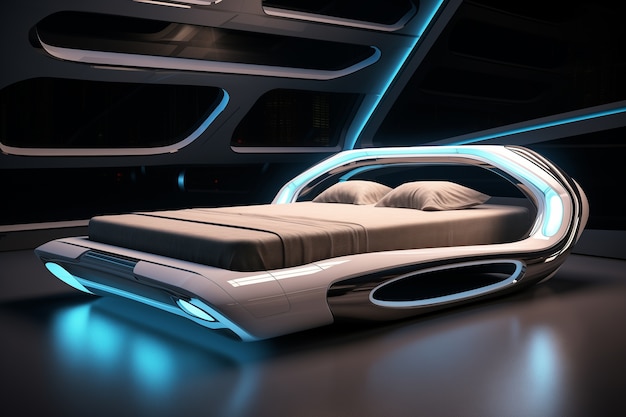 Vista de un dormitorio futurista con muebles