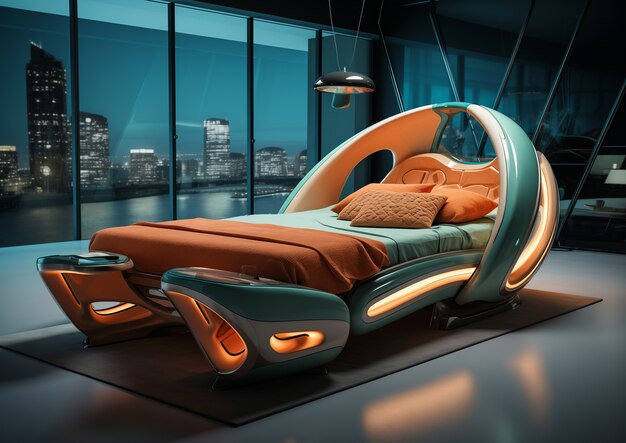 Vista de un dormitorio futurista con muebles