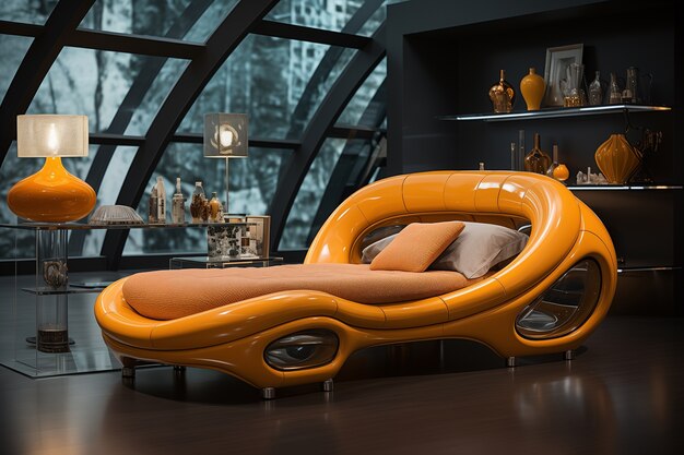 Vista de un dormitorio futurista con muebles