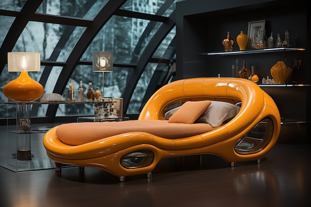 Vista de un dormitorio futurista con muebles