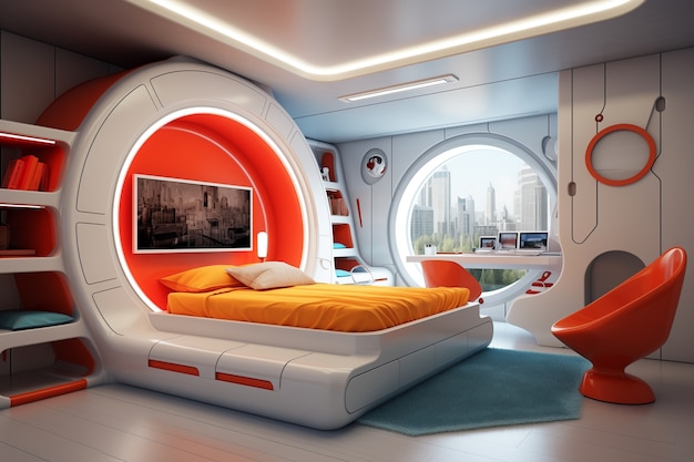 Foto gratuita vista de un dormitorio futurista con muebles