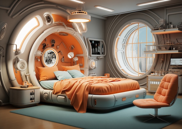 Vista de un dormitorio futurista con muebles