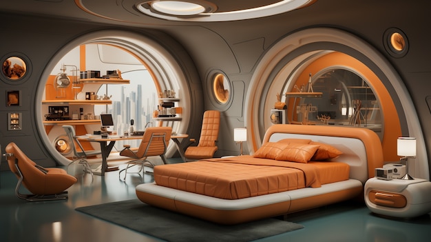 Foto gratuita vista de un dormitorio futurista con muebles