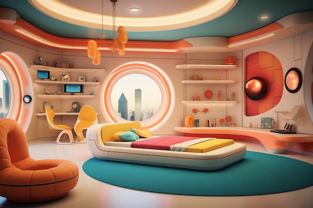 Vista de un dormitorio futurista con muebles