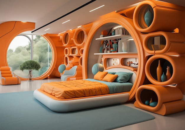 Foto gratuita vista de un dormitorio futurista con muebles