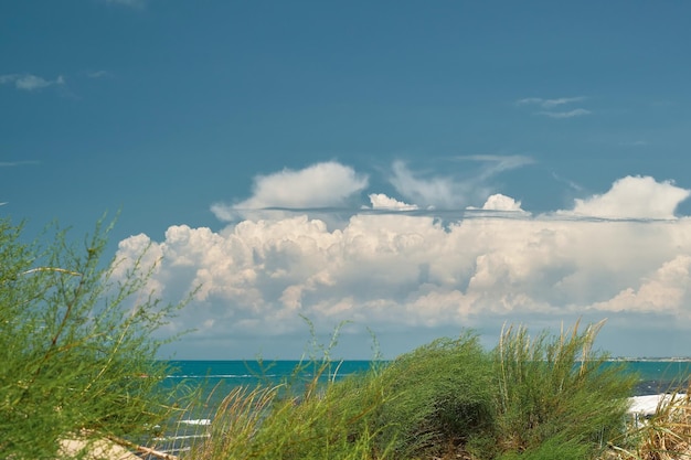 Vista desde las dunas de arena hasta el mar y el cielo azul con fondo de fin de semana de verano de nubes cúmulos para una pantalla de bienvenida o papel tapiz para una pantalla o espacio publicitario libre para texto