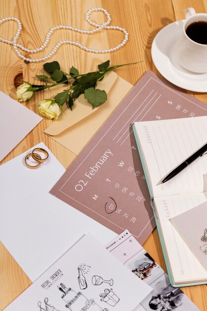 Vista de elegantes y lujosos recursos de papelería y planificador de bodas
