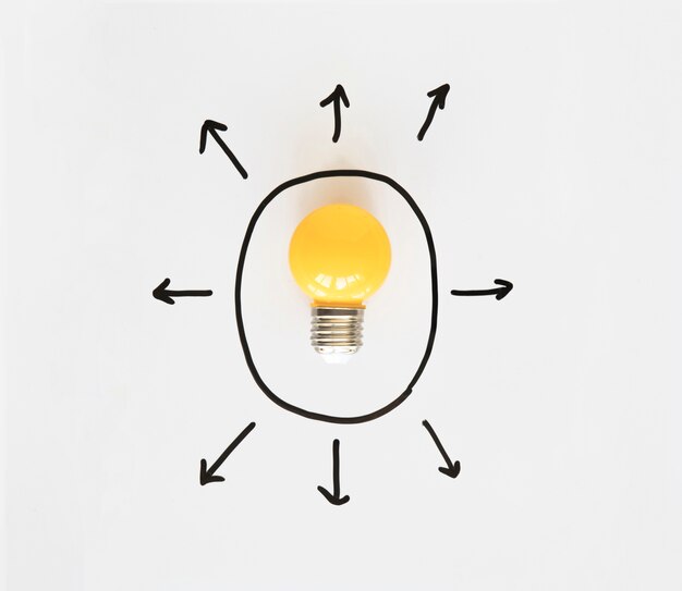 Vista elevada de la bombilla de luz amarilla dentro de forma oval dibujado a mano con varios símbolos de flecha