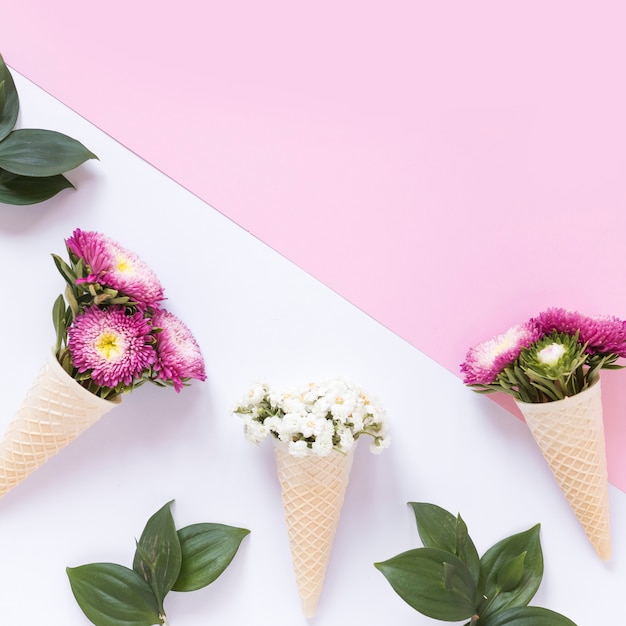 Foto gratuita vista elevada de flores frescas en cono de helado de galleta en doble fondo