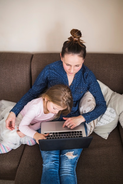 Vista elevada de la mujer sentada con su hija trabajando en la computadora portátil