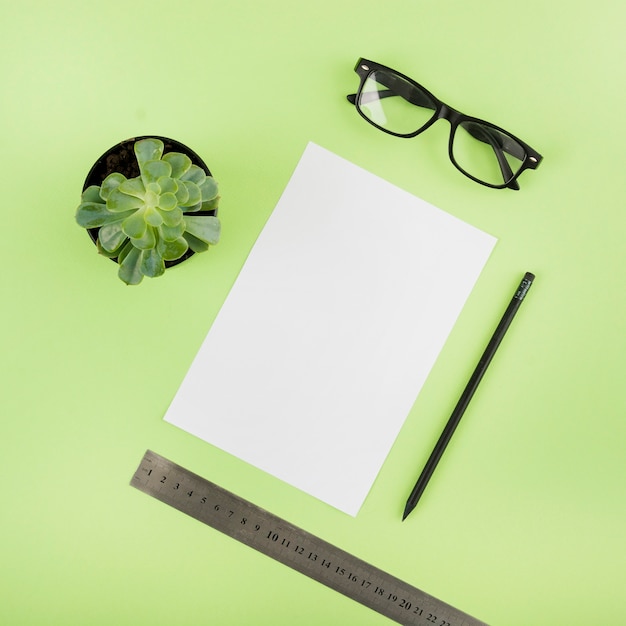 Vista elevada del papel en blanco; planta en maceta; lápiz; regla y espectáculos sobre fondo verde