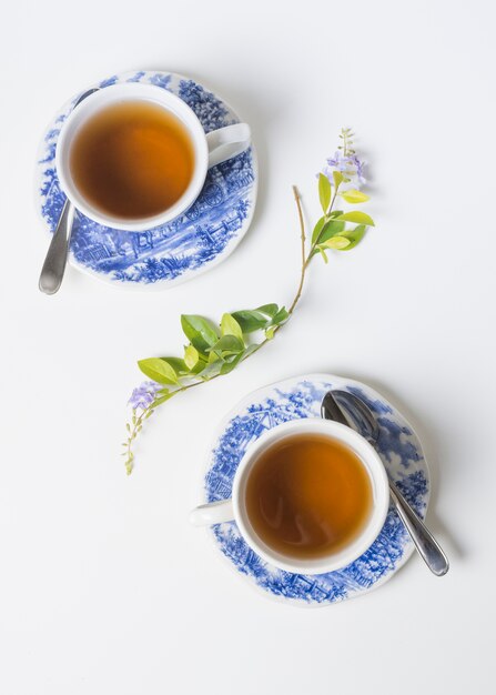 Una vista elevada de las tazas de té de porcelana de hierbas en el platillo con ramita de limón sobre fondo blanco