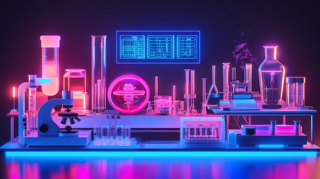 Vista del equipo de laboratorio con luces de neón