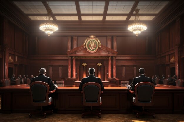 Vista de la escena de la sala del tribunal 3D para la celebración del día del abogado