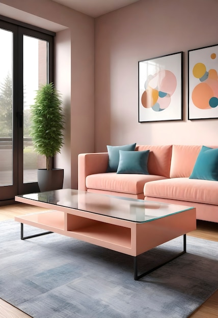 Vista del espacio de diseño interior con el color del año muebles y decoraciones