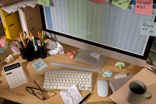 Foto gratuita vista del espacio de trabajo de oficina desordenado con computadora personal