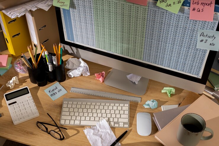 Foto gratuito vista de un espacio de trabajo de oficina desordenado con una computadora personal