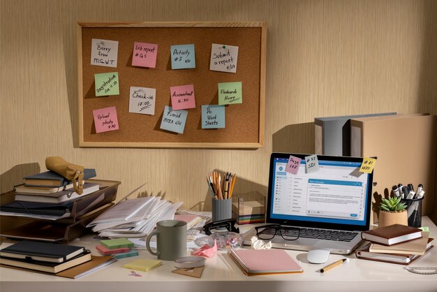 Vista del espacio de trabajo de oficina desordenado con dispositivo portátil