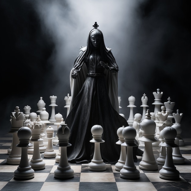 Foto gratuita vista de espectaculares piezas de ajedrez con un ambiente misterioso y místico.