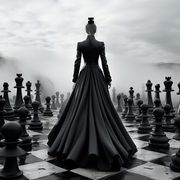 Vista de espectaculares piezas de ajedrez con un ambiente misterioso y místico.