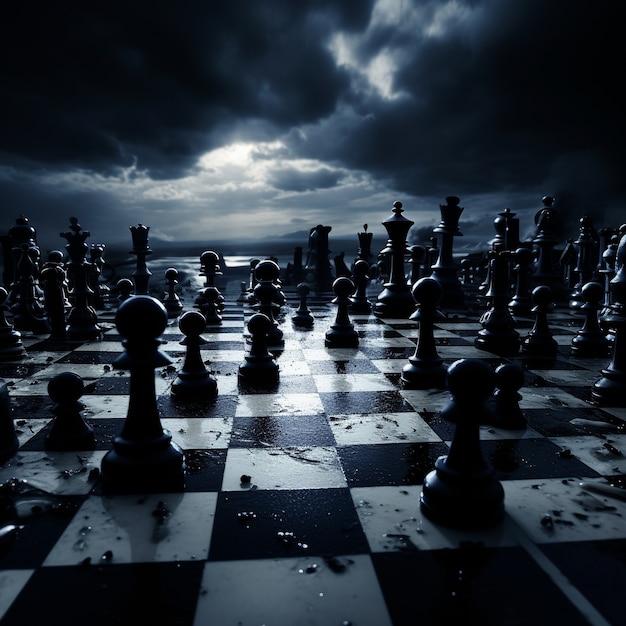 Vista de espectaculares piezas de ajedrez con clima tormentoso