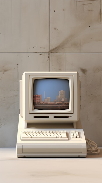 Vista de la estación de trabajo con computadora de aspecto retro