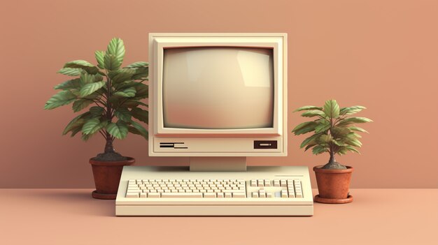 Vista de la estación de trabajo con computadora de aspecto retro