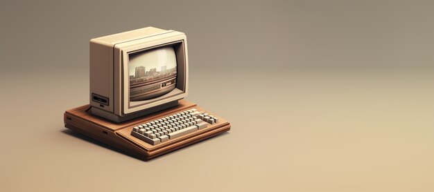 Vista de la estación de trabajo con computadora de aspecto retro