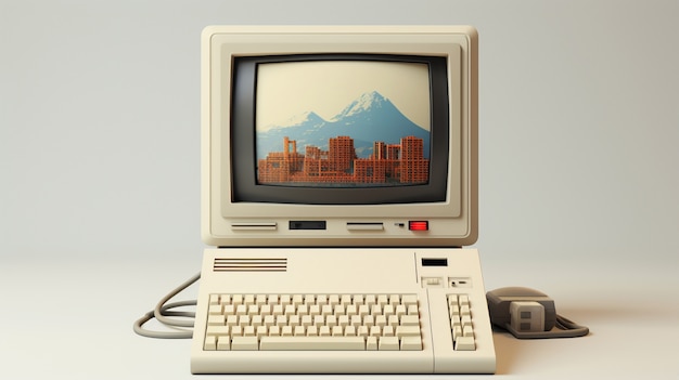 Vista de la estación de trabajo con computadora de aspecto retro