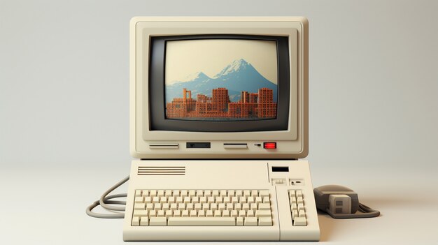 Vista de la estación de trabajo con computadora de aspecto retro