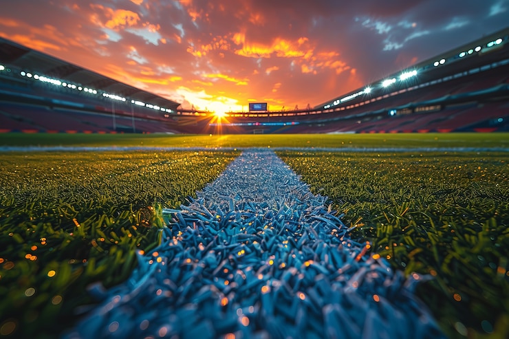 Foto gratuito vista de un estadio de fútbol vacío con fantasía y cielo de ensueño
