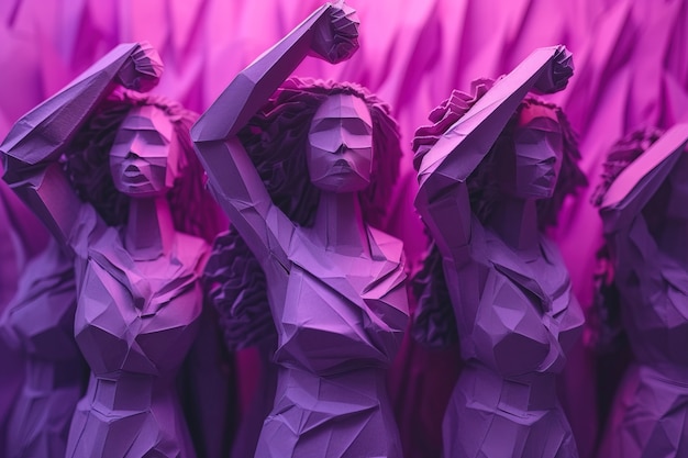 Vista de estatuillas de mujeres púrpuras para la celebración del día de la mujer