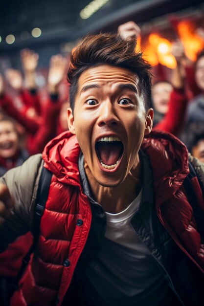 Vista del extasiado aficionado al fútbol celebrando