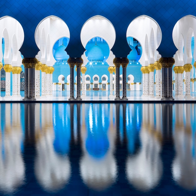 Vista de la famosa Gran Mezquita, Abu Dhabi, por la noche, Emiratos Árabes Unidos.