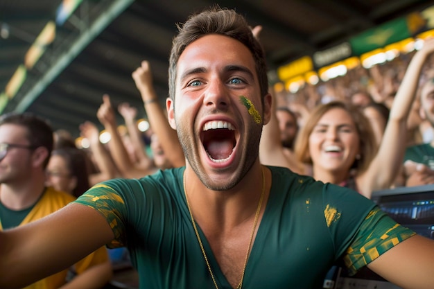 Foto gratuita vista de un fanático del fútbol extasiado con la cara pintada disfrutando del partido