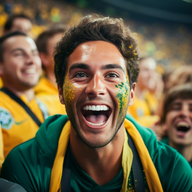 Vista de un fanático del fútbol extasiado con la cara pintada