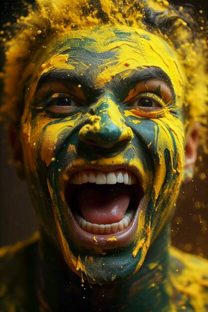 Vista de un fanático del fútbol extasiado con la cara pintada