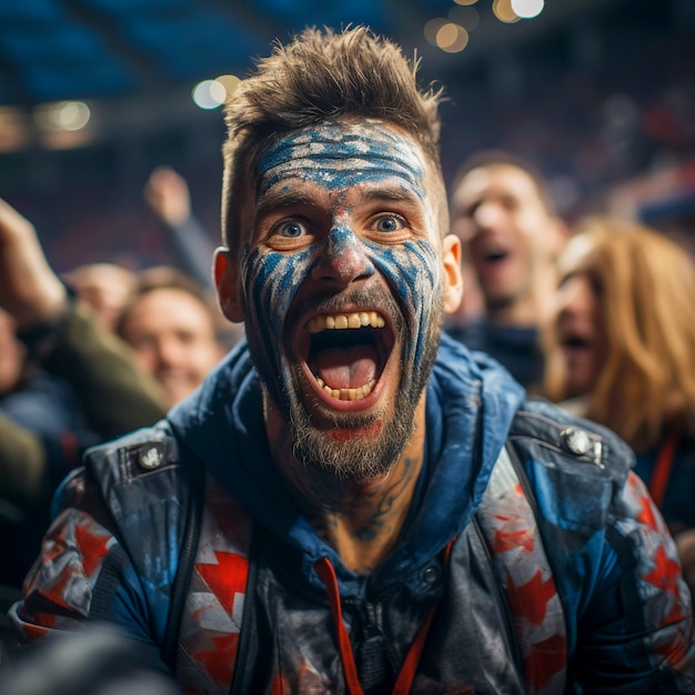 Vista de un fanático del fútbol extasiado con la cara pintada