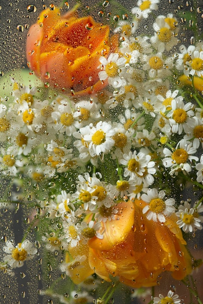 Vista de flores detrás de un vidrio con gotas de agua