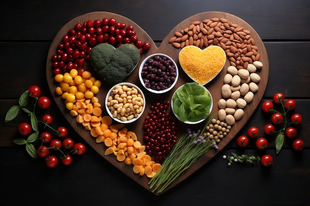 Vista de la forma del corazón con una variedad de categorías de alimentos