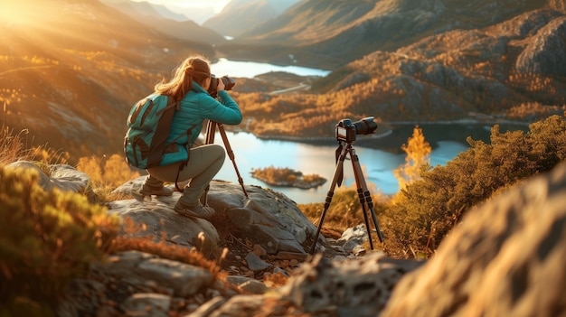 Foto gratuita vista de un fotógrafo fotografiando la naturaleza