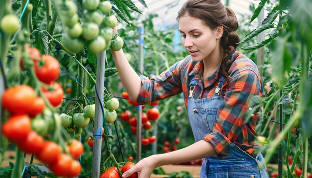 Vista fotorrealista de una mujer cosechando en un jardín ecológico sostenible