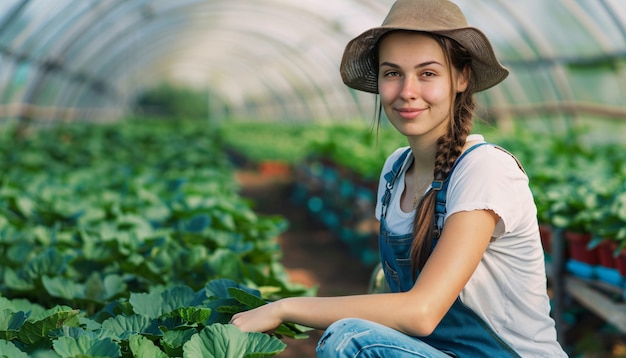 Vista fotorrealista de una mujer cosechando en un jardín ecológico sostenible