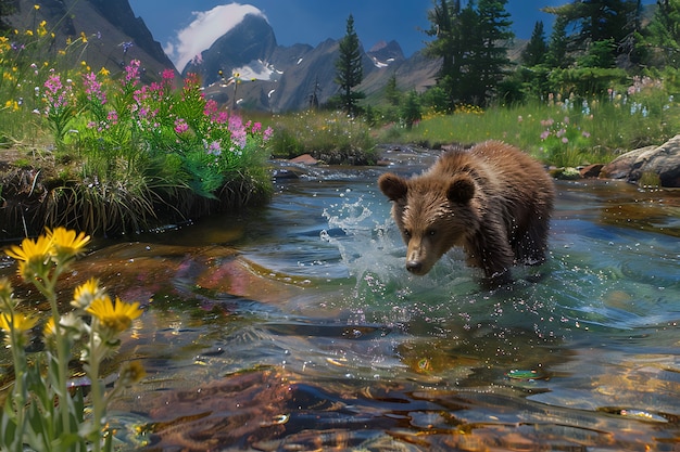 Vista fotorrealista del oso salvaje en su entorno natural